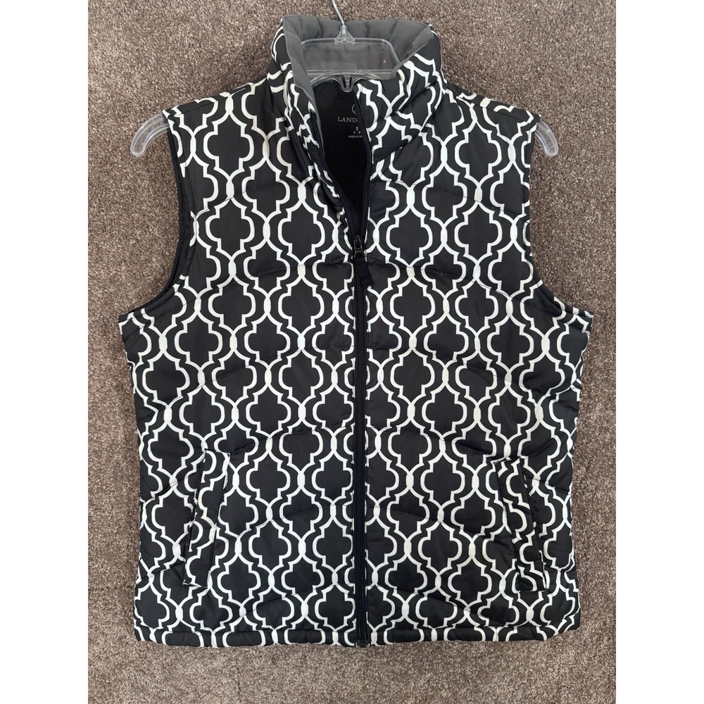 Lands' End Down Puffer Vest Womens Small Black White Full Zip Moroccan